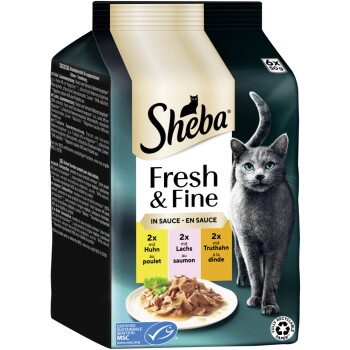 Sheba Fresh & Fine Nassfutter Katze Adult, Multipack, in Sauce 36×50 g Huhn, Lachs und Truthahn