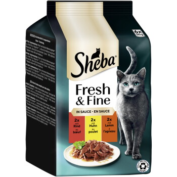 Sheba Fresh & Fine Nassfutter Katze Adult, Multipack, in Sauce 36×50 g Rind, Huhn und Lamm