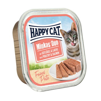 HAPPY CAT Minkas Duo Nassfutter Katze Adult, Geflügel & Lachs, Paté 16×100 g