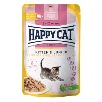 HAPPY CAT Young Nassfutter Katze Kitten & Junior, Land Geflügel, Meat in Sauce 20×85 g